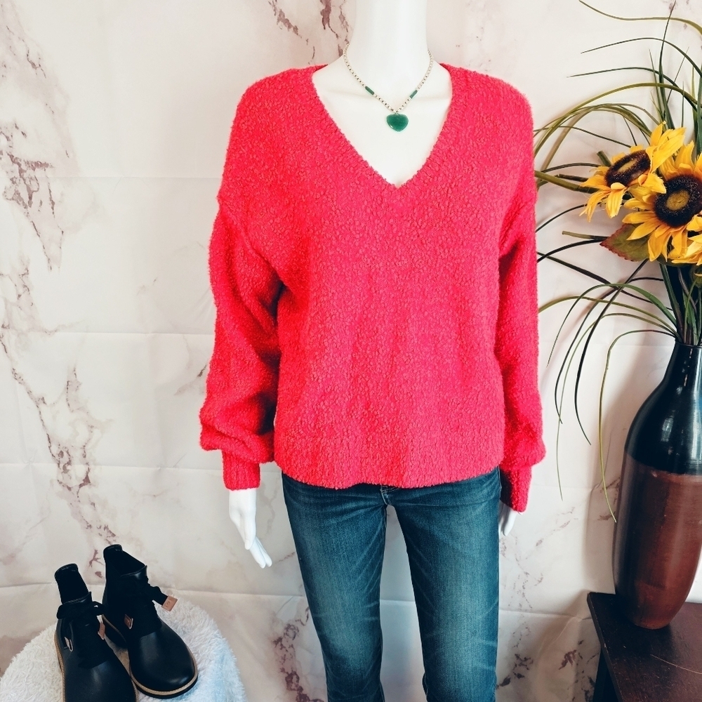 Anthropologie Sanctuary V Neck Vibrant Red Sweater Christmas Festive Holiday